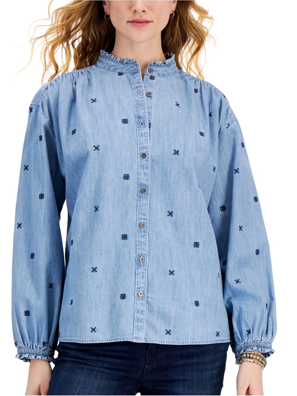 Style & Co Light Wash Chambray Embroidered Blouse Small Ruffle Neck Boho Top S